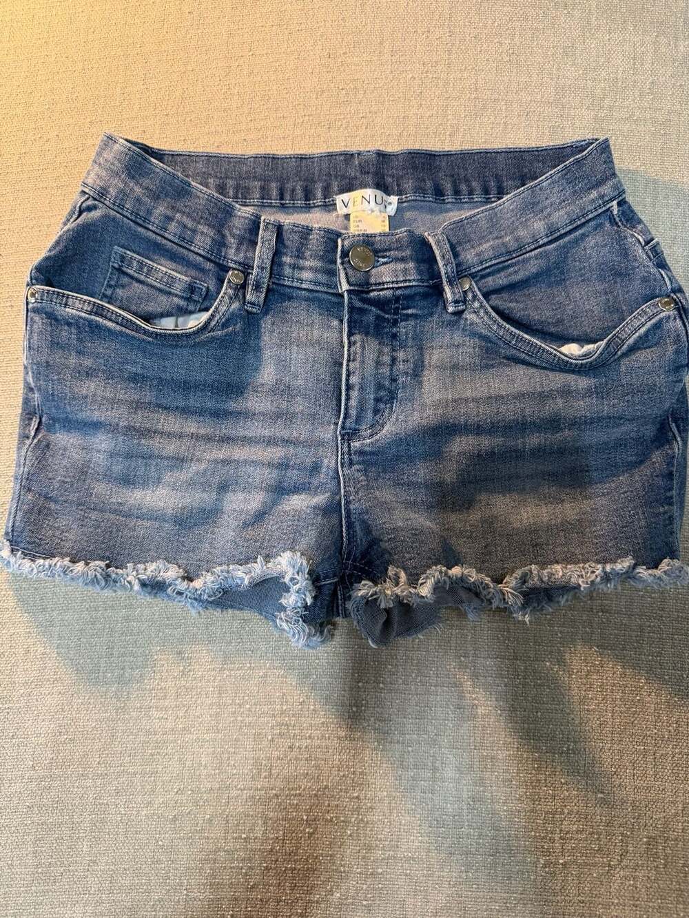 Venus Women's Size 4 Medium Wash Distressed Raw Hem Denim Cutoff Shorts
